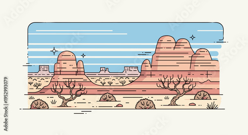 A stylized desert landscape featuring red rock formations, sparse vegetation, and a blue sky with clouds in a minimalist style
