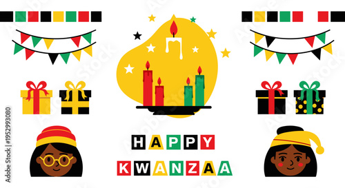 Colorful Kwanzaa celebration illustration featuring candles, gifts, and festive decorations in a flat design style