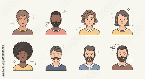 A diverse collection of illustrated male and female characters featuring various hairstyles and facial expressions in a flat design style