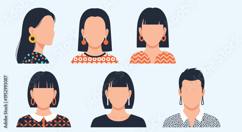 A collection of six stylized female and male portraits featuring diverse hairstyles and accessories in a modern flat design