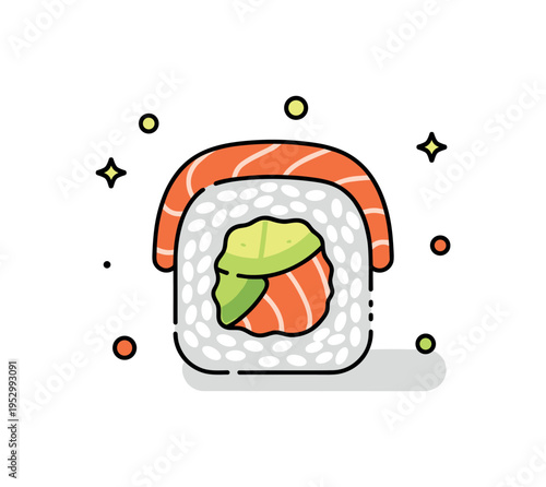 Close up of a beautifully crafted sushi roll with avocado, fish, and rice food photography inspiration idea featuring a perfectly centered roll slice with soft