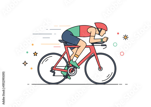 Cycling leg of triathlon competition centered on a streamlined cyclist riding a road bike with subtle speed lines, expressing endurance, balance and forward