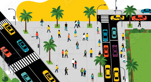 A vibrant urban scene depicting diverse pedestrians and vehicles in a modern, flat design style