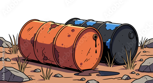 A set of three colorful oil barrels resting on a dry, cracked ground, illustrated in a vibrant, cartoon style