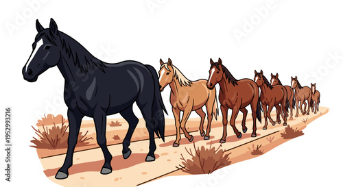 A group of horses walking along a desert path in a modern, colorful illustration style