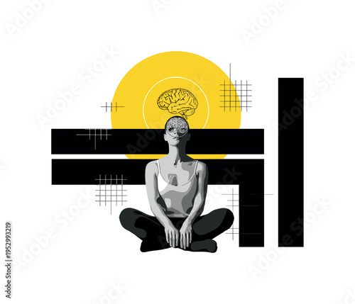 monochrome figure seated in calm posture with brain overlay above head, oversized yellow circular halo and black abstract bars framing composition, subtle grid