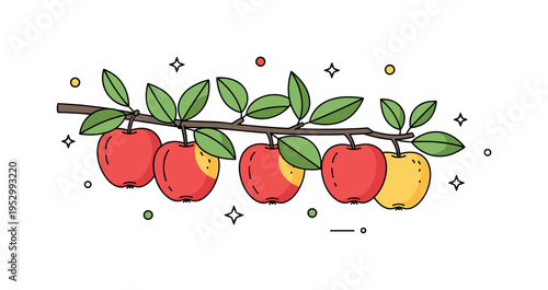 Apple tree branch close up with several ripe fruits and green leaves symbolizing freshness and farm to table produce. Minimal layout focuses attention on