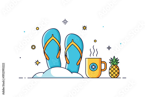 Winter tropical vibes illustration featuring flip flops placed on snow beside a steaming mug and a small pineapple icon, expressing cozy yet beach inspired