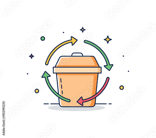 Reusable packaging solution illustrated by a sturdy container with circular arrows around it representing durability and sustainable cycles. Balanced layout