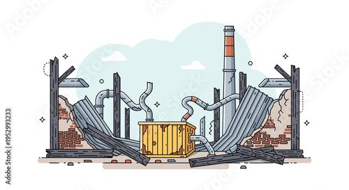 A damaged industrial scene featuring broken structures and debris in a modern, flat style, suitable for environmental themes