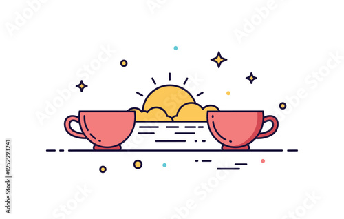 Romantic sunset coffee date illustrated by two small cups facing each other with a shared horizon sun between them, expressing connection and intimate evening