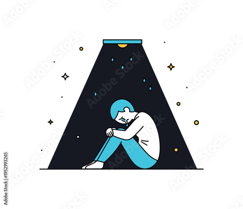 Crying alone in darkness with a single seated figure illuminated by a faint overhead light symbolizing isolation and emotional vulnerability. Subtle shadow