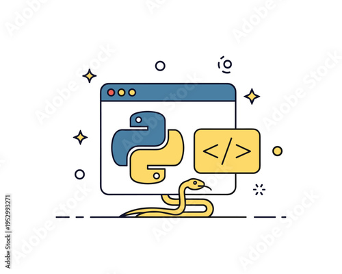 Python web development concept with a browser window icon and a small code bracket overlay, supported by a subtle snake detail suggesting backend logic and