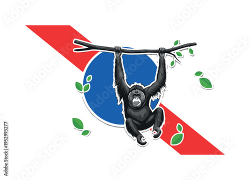 Black and white orangutan hanging from a branch, bold cobalt blue circle enclosing the upper half of the figure, sharp red diagonal strip crossing composition