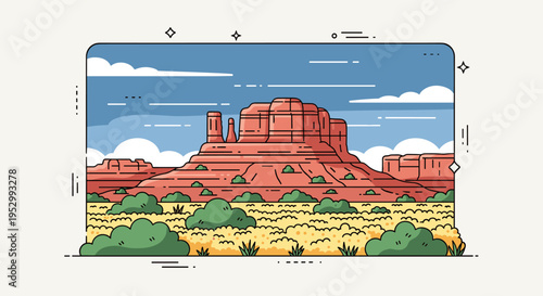 A vibrant landscape illustration featuring majestic red rock formations under a blue sky, in a minimalist style