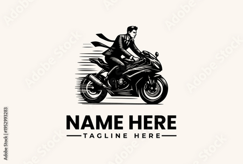 A black and white illustration of a man riding a motorcycle with motion lines, accompanied by a logo template with placeholder text on a beige background.