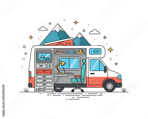 Work from anywhere concept showing a compact desk setup inside a camper van with mountains in the background. The scene communicates adventure, autonomy, and a