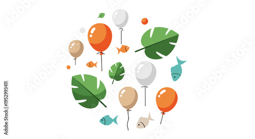 A playful collection of colorful balloons, fish, and tropical leaves in a modern, flat style, perfect for celebrations