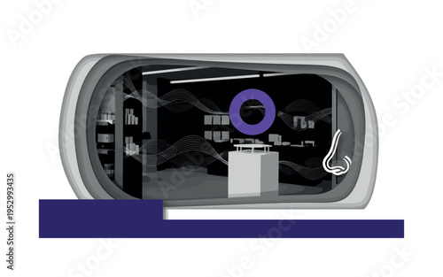 Black and white retail storefront interior fragment, subtle scent waves visualized as thin curved lines moving across space, vibrant violet geometric circle