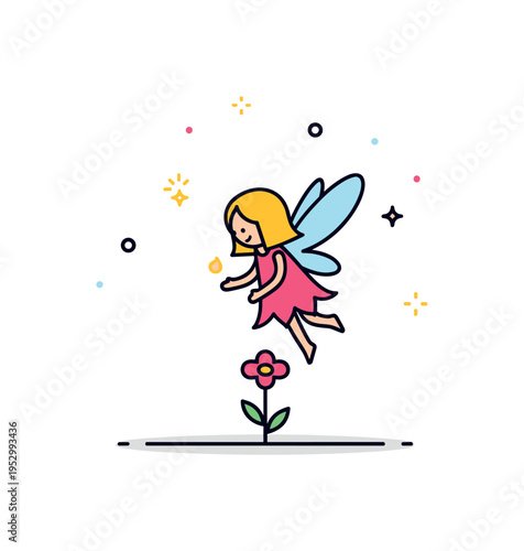 Enchanted forest fairy character hovering above a small flower with gentle glow accents, expressing magic, whimsy, and storybook imagination. Subtle spark