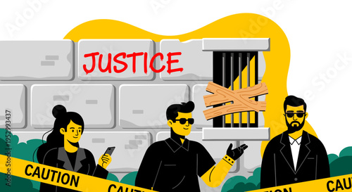 A vibrant illustration depicting characters discussing justice with caution tape, featuring a modern flat design style