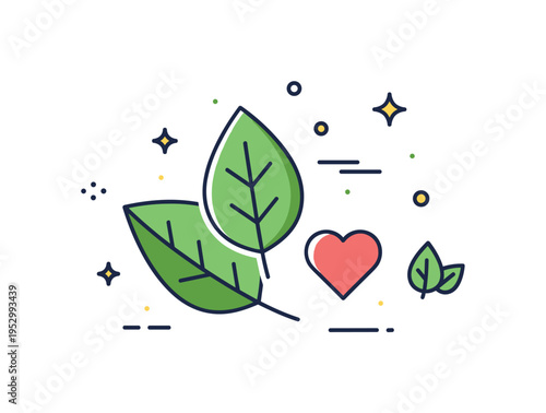 Herbs and spices healthy cooking theme showing fresh green leaves paired with a small heart accent. The illustration communicates wholesome meals, balanced