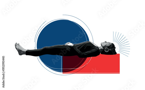 Black and white figure lying peacefully with headphones, eyes closed, oversized deep blue circle enveloping upper body like protective aura, bold red