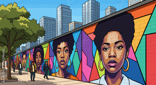 A vibrant street mural featuring diverse portraits of women, illustrated in a modern, colorful style, perfect for urban art themes