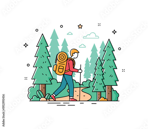 Backpacker hiking through dense forest moving along a narrow trail surrounded by tall stylized trees, carrying a rounded backpack and holding a walking stick