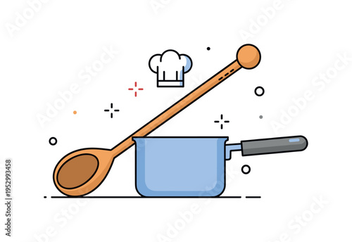 Chef utensil detail elongated wooden spoon with rounded handle resting against a compact saucepan silhouette, symbolizing professional cooking and culinary