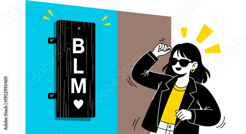 A vibrant illustration featuring a confident figure celebrating with a bold BLM sign, in a modern flat style
