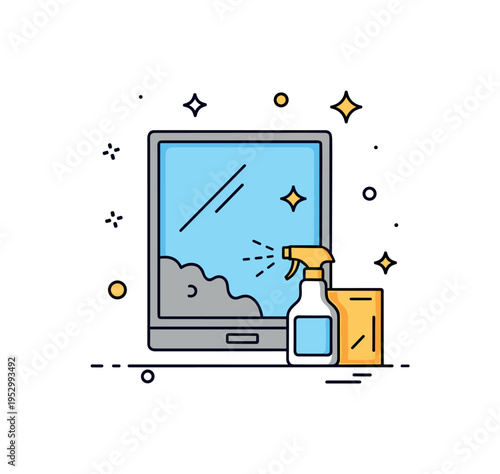 Window cleaning preparation concept showing a dirty pane with a small spray bottle icon and cloth beside it, expressing readiness for improvement. The balanced