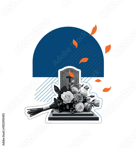 A monochrome realistic bouquet of flowers placed at the base of a simple grave marker, deep blue semicircle framing the upper composition, thin diagonal lines