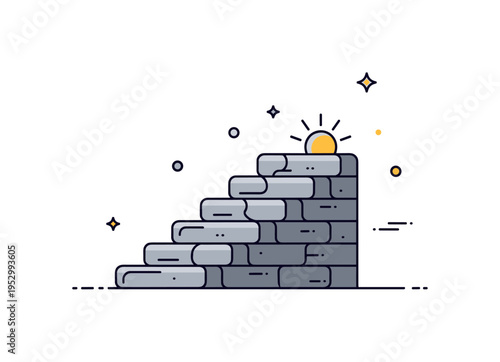 Stone stairway to opportunity featuring a short staircase leading toward a small rising sun icon, representing growth and new beginnings. The scene expresses