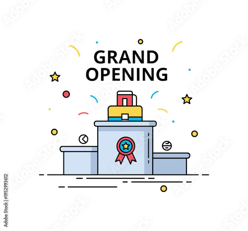 Grand opening product presentation illustration built around a podium with a featured item on top and subtle confetti accents, expressing celebration and