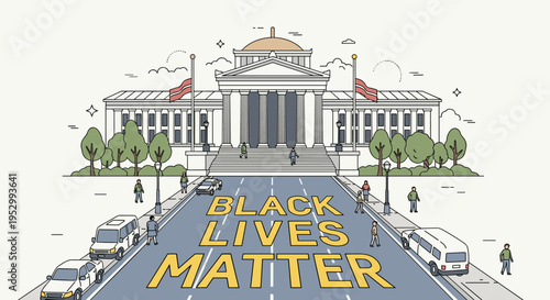A vibrant illustration depicting a civic building with a prominent 'Black Lives Matter' message, featuring a modern, minimalist style