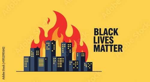 A bold illustration featuring a city skyline engulfed in flames, designed in a flat style, conveying a powerful message