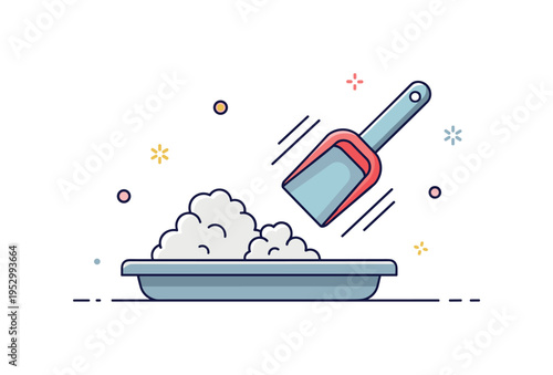 Litter scooping routine illustrated by a simple tray with clumped shapes and a scoop in motion conveying daily maintenance and hygiene awareness. Clean
