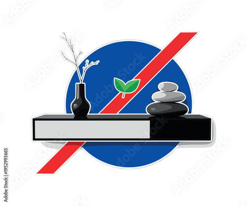 black and white floating wall shelves with asymmetrical book arrangement, overlapped with bold yellow circular frame and charcoal abstract bars, thin vertical