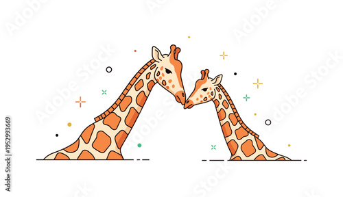 Mother and calf giraffe moment showing two necks gently leaning toward each other, expressing connection, care, and family bonds in the savanna. The compact