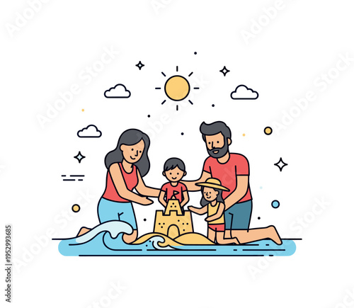 Family vacation at the beach showing two parents and a child building a simple sandcastle near gentle waves, with a bright sun overhead expressing warmth and