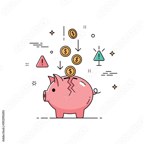 Financial crisis concept centered on a cracked piggy bank with falling coins, expressing instability, loss, and sudden economic downturn. Subtle downward