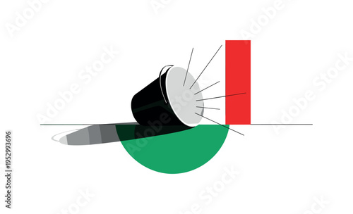 Black and white overturned bucket casting strong shadow, vivid emerald semicircle forming base, bright red vertical accent block to one side, thin geometric