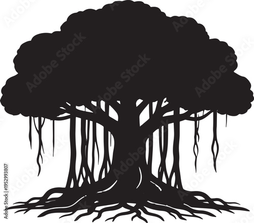 Ancient tree with sprawling roots and dense canopy against a plain background