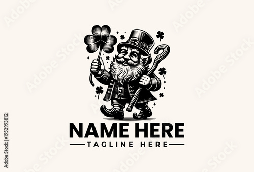 A black and white illustration of a cheerful leprechaun holding a shamrock and shillelagh with a top hat and beard on a light background with a logo template design.