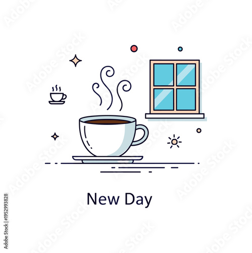 Morning coffee ritual centered around a steaming cup near a small window suggesting mindfulness and slow awakening. Gentle steam curls and a short label New