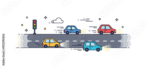 Evening city traffic glowing headlights on small cars moving along a simplified urban road with subtle dusk accent, expressing dynamic movement and