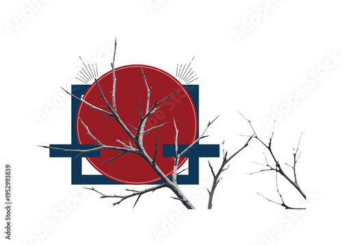 monochrome close-up of bare winter branch with sharp twigs, oversized red circular halo and deep blue rectangular blocks framing negative space, subtle
