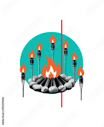 Black and white beach bonfire replaced conceptually by multiple tiki torches arranged in a circle, bold teal circular backdrop unifying composition, orange