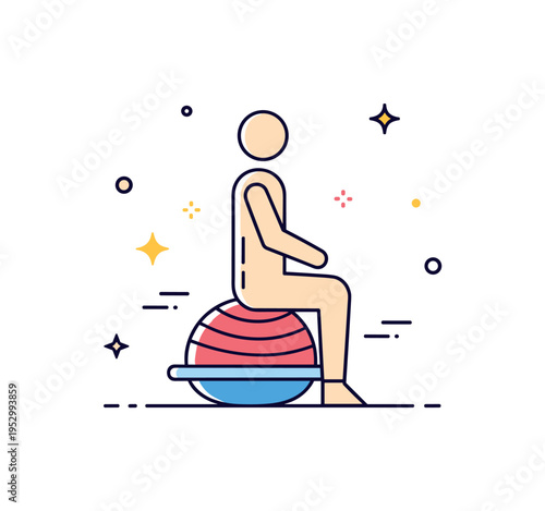 Core stability fitness concept showing a balance ball with a simplified figure seated upright, symbolizing posture control and functional strength. Small